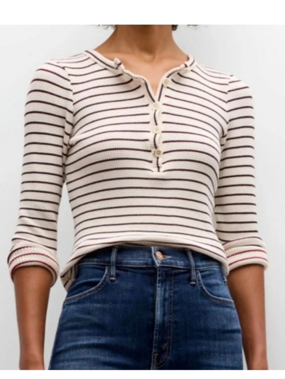 Mother Itty Bitty Pixie Thermal Stripe Tease Button Front Pull Over Henley Shirt